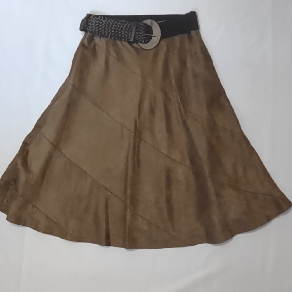 East 5th Brown A-Line‎ Skirt Microsuede with Large Statement Brown Belt Size 12